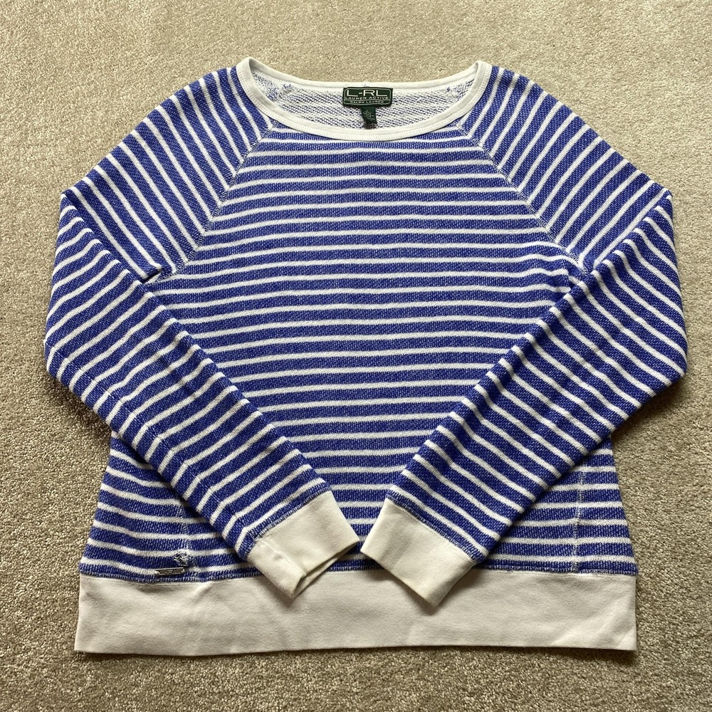Lauren Ralph Lauren Sweater Womens Large Blue White Striped Pullover Cotton LRL